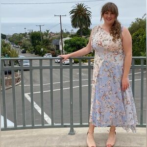 RALPH LAUREN Women’s Size 18 Gauzy Blue/White Floral Asymmetrical Midi Dress